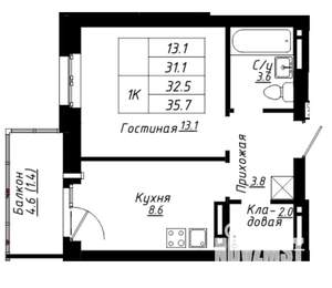 1-к квартира, на длительный срок, 33м2, 4/16 этаж