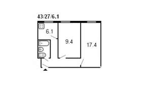 2-к квартира, на длительный срок, 44м2, 4/5 этаж