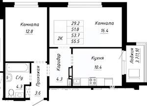 2-к квартира, строящийся дом, 54м2, 8/10 этаж