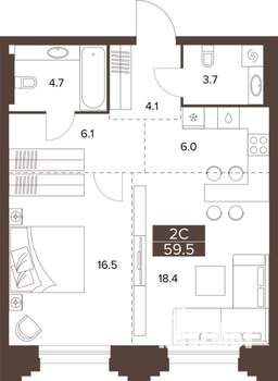 2-к квартира, строящийся дом, 60м2, 3/16 этаж