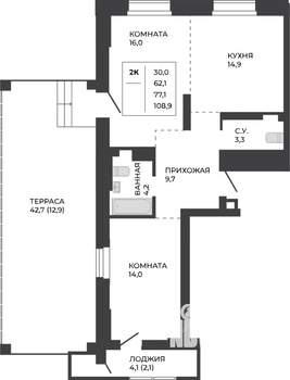 2-к квартира, строящийся дом, 77м2, 18/21 этаж