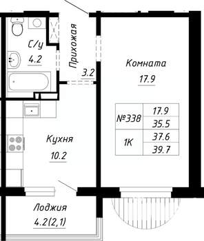 1-к квартира, строящийся дом, 38м2, 4/10 этаж