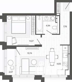 1-к квартира, строящийся дом, 44м2, 12/19 этаж