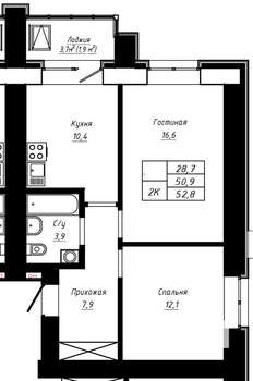 2-к квартира, строящийся дом, 53м2, 13/16 этаж