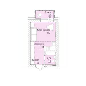 1-к квартира, строящийся дом, 29м2, 3/8 этаж