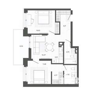 3-к квартира, строящийся дом, 72м2, 5/9 этаж