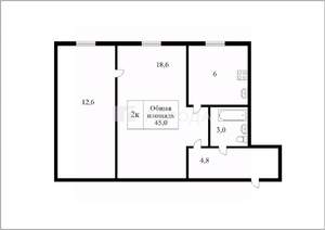2-к квартира, вторичка, 45м2, 1/5 этаж