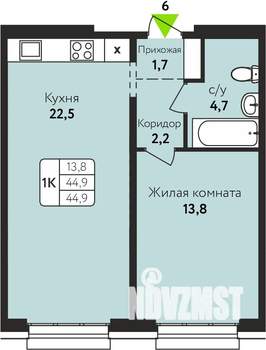 1-к квартира, строящийся дом, 45м2, 2/17 этаж
