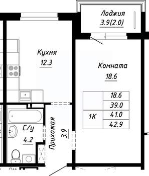 1-к квартира, строящийся дом, 41м2, 4/10 этаж
