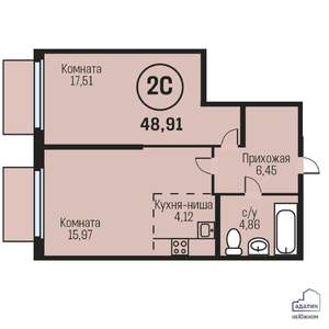 2-к квартира, строящийся дом, 49м2, 2/23 этаж
