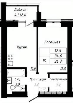 1-к квартира, строящийся дом, 37м2, 3/10 этаж