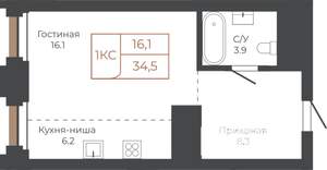 1-к квартира, строящийся дом, 35м2, 22/27 этаж