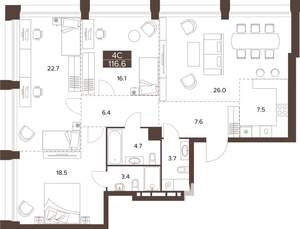 3-к квартира, строящийся дом, 117м2, 14/16 этаж