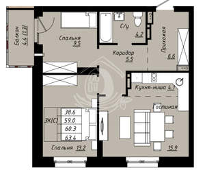 3-к квартира, вторичка, 63м2, 3/10 этаж