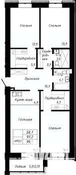 4-к квартира, строящийся дом, 100м2, 7/10 этаж