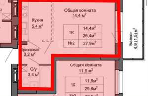 1-к квартира, вторичка, 28м2, 2/16 этаж