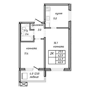 2-к квартира, строящийся дом, 45м2, 15/15 этаж