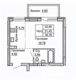1-к квартира, строящийся дом, 33м2, 3/9 этаж