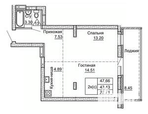2-к квартира, строящийся дом, 48м2, 4/9 этаж