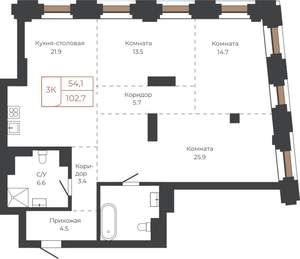 3-к квартира, строящийся дом, 103м2, 6/27 этаж