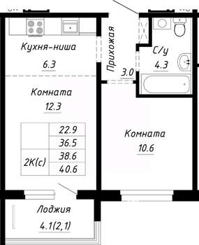 2-к квартира, строящийся дом, 39м2, 3/10 этаж