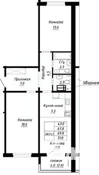 3-к квартира, строящийся дом, 70м2, 2/10 этаж