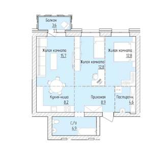 3-к квартира, строящийся дом, 71м2, 4/8 этаж