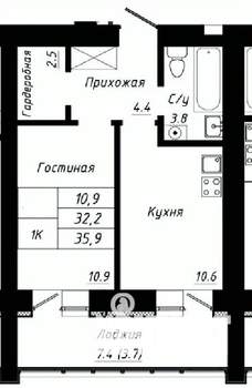1-к квартира, строящийся дом, 36м2, 8/10 этаж