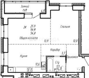 2-к квартира, строящийся дом, 55м2, 9/12 этаж