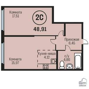 2-к квартира, строящийся дом, 49м2, 17/23 этаж