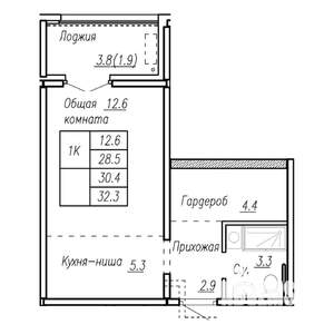 1-к квартира, строящийся дом, 30м2, 13/17 этаж