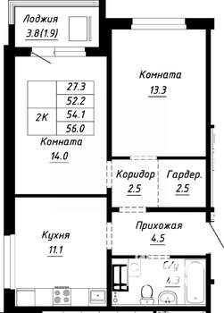 2-к квартира, строящийся дом, 54м2, 9/10 этаж