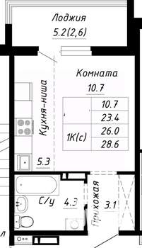 1-к квартира, строящийся дом, 26м2, 8/10 этаж