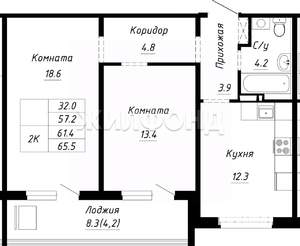 2-к квартира, строящийся дом, 44м2, 8/10 этаж