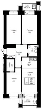 3-к квартира, строящийся дом, 89м2, 13/16 этаж