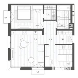 3-к квартира, строящийся дом, 67м2, 4/9 этаж