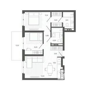 3-к квартира, строящийся дом, 63м2, 5/9 этаж
