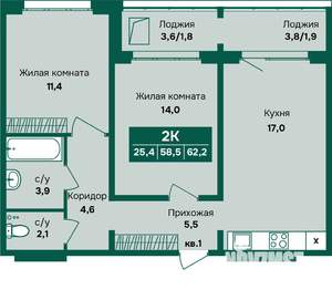 2-к квартира, строящийся дом, 62м2, 3/12 этаж