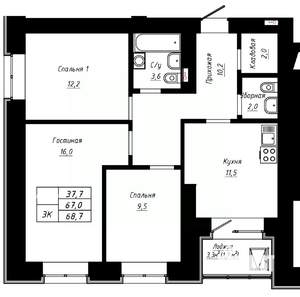 3-к квартира, вторичка, 69м2, 14/16 этаж