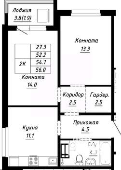 2-к квартира, строящийся дом, 54м2, 1/10 этаж
