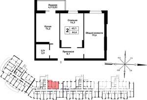 2-к квартира, вторичка, 64м2, 18/25 этаж