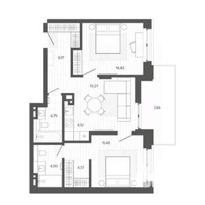 3-к квартира, строящийся дом, 72м2, 5/9 этаж