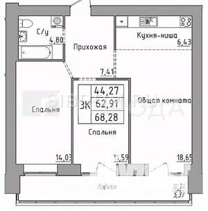 2-к квартира, вторичка, 68м2, 8/15 этаж