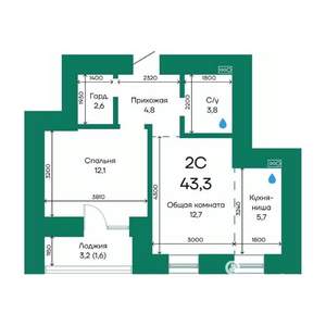 2-к квартира, строящийся дом, 43м2, 10/10 этаж