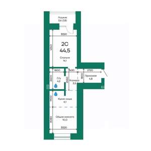 2-к квартира, строящийся дом, 45м2, 2/10 этаж