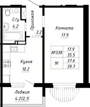 1-к квартира, строящийся дом, 38м2, 3/10 этаж