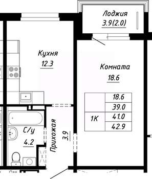 1-к квартира, строящийся дом, 41м2, 3/10 этаж