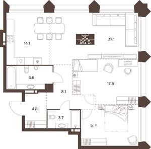3-к квартира, строящийся дом, 97м2, 8/16 этаж