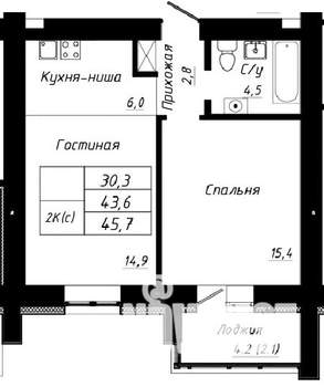 2-к квартира, строящийся дом, 46м2, 4/10 этаж