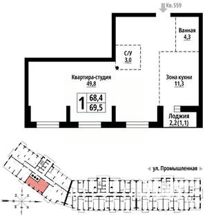 1-к квартира, строящийся дом, 69м2, 19/23 этаж